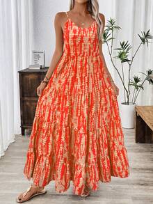 EMERY ROSE 假日休闲随机印花吊带连衣裙长裙女装 - 橘色 - 查看 3