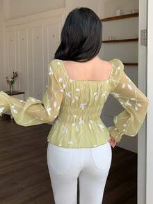 Modelyn Women's Green Woven Embroidered Puff Sleeve Cinched Waist A-Line Elegant Blouse, Spring/Summer - Green - View 3