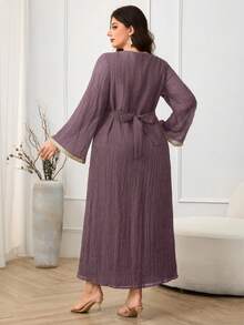 Al Najma Gaun Wanita Ukuran Besar Elegan Gaya Arab dengan Hiasan Pita dan Lengan Lonceng - Purple - View 2
