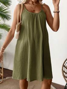 SHEIN Đầm bầu không tay xếp ly màu trơn kiểu dáng thường ngày - xanh quân đội - Xem 4