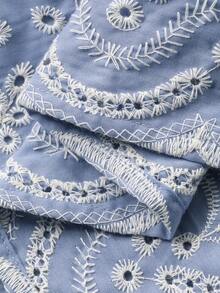 DAZY 女士优雅花卉刺绣荷叶边领衬衫和半裙两件套，春夏款 - 藍色 - 查看 7