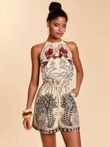 Travachic Women's Summer Vacation Plant Print Halter Jumpsuit - Apricot - View 6