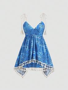 Sweetra Women's Blue Paisley Cashew Flower Print Deep V-Neck Tassel Tie Design Beach Vacation Dress - Blue - View 1