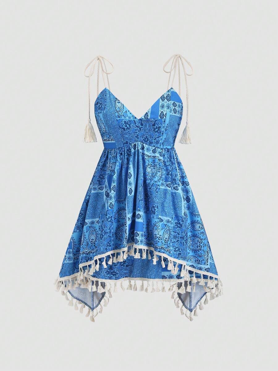 Sweetra Women's Blue Paisley Cashew Flower Print Deep V-Neck Tassel Tie Design Beach Vacation Dress - Blue - View 1