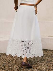 Poéselle Women's Casual White Long Flared Skirt With Scallop Eyelet And Plant Pattern Detail In Woven Fabric - White - View 8