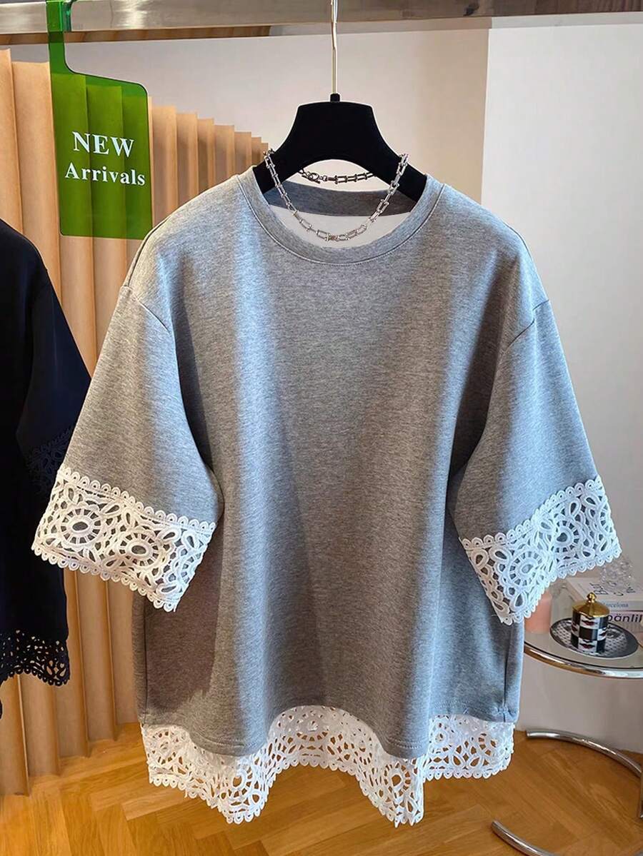 Airaco 大码女式宽松休闲蕾丝拼接短袖圆领T恤 - 灰色 - 查看 1