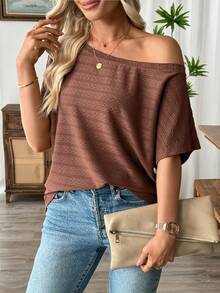 EMERY ROSE 大码女式蝙蝠袖休闲度假T恤 - 棕色 - 查看 5