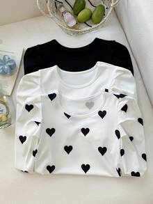Set de 3 blusas de manga larga con cuello redondo y manga abullonada para niñas, de estilo casual y versátil a lunares blanco y negro, para primavera/verano - Multicolor - Ver 5