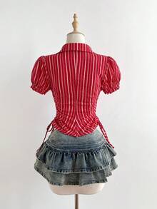 Elamini 性感修身荷叶边深V领收腰条纹短袖衬衫 - 紅色 - 查看 2