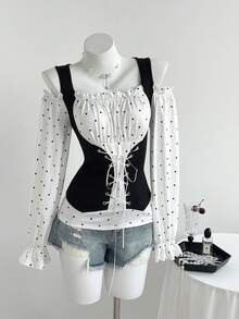 Elamini Women's Casual Faux 2-Piece Polka Dot Splice Eyelet Lace-Up Off Shoulder Fitted Long Sleeve T-Shirt, Spring/Autumn Polka Dots - Black and White - View 4