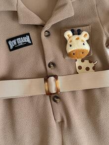 SHEIN 2件套男女宝宝休闲可爱童子军短袖连体衣和遮阳帽套装，实用套装，春夏男女宝宝服装 - 卡其色 - 查看 5