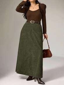 Heiryn Plus Size Solid Color Skirt, Fashionable And Versatile For Commuting - Army Green - View 4
