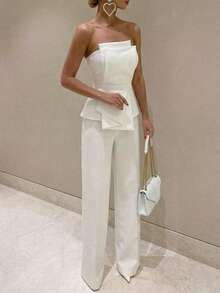 Firerie 女士优雅、精致、简约、端庄、浪漫、时尚、通勤友好、现代、喜庆、婚礼宾客、情人节、约会之夜不对称无肩带高腰白色连体裤 - 白色 - 查看 3