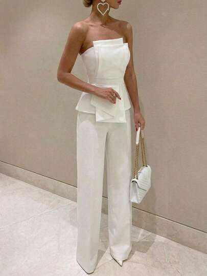 Firerie Mono blanco asimétrico sin tirantes de cintura alta, elegante, refinado, minimalista, digno, romántico, de moda, apropiado para ir al trabajo, moderno, festivo, para invitada de boda, Día de San Valentín, cita