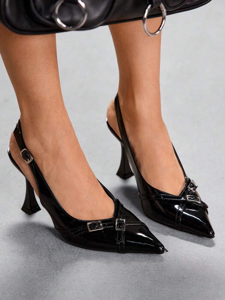 CUCCOO SZL Women's High Heels Pointed 9CM Elegant Wine Glass Heel Women's Cute Bow Kitten Heel Stiletto High Heels PU Mirror Texture Back Strap Easy To Wear Buckle Women's Black High Heels For Daily/Party/Dating/Office/Party Dance/Women's Shoes Valentine's Day