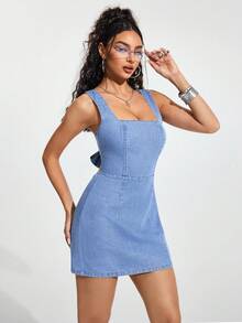 Jeanoix 女士露背打结设计休闲日常牛仔连衣裙 - 藍色 - 查看 6