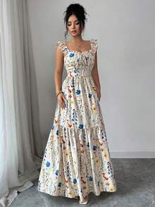 SHEIN Elenzya 女士方领蝴蝶袖连衣裙，时尚印花，露背腰带设计显瘦，优雅度假风，适合夏季日常、通勤、约会、晚餐等场合，百搭连衣裙 - 彩色 - 查看 5