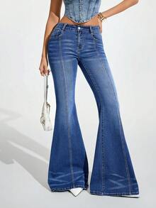 Jeanoix Women's High Waist Wing Pocket Flare Leg Jeans - Blue - View 7