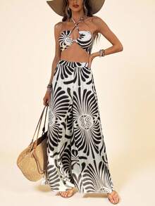 Coeurva 2 件套 - 女式无袖印花吊带上衣和高腰阔腿裤 - 黑與白 - 查看 4