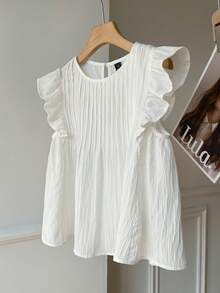 SHEIN EZwear Summer Women's Woven White Blouse With Round Neck, Ruffle Trim And Loose Fit Flare Sleeves Smocked Top White Babydoll Top White Ruffle Top Flutter Sleeve Top - White - View 3