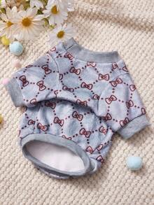 PETSIN 1件印花蝴蝶结法兰绒卫衣，宠物秋冬加厚保暖灰色款 - 灰色 - 查看 6