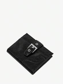 Viva Strut 1个黑色裂纹亮面皮革短款钱包，金属扣多卡位钱包，简约大容量卡包 - 黑色 - 查看 3