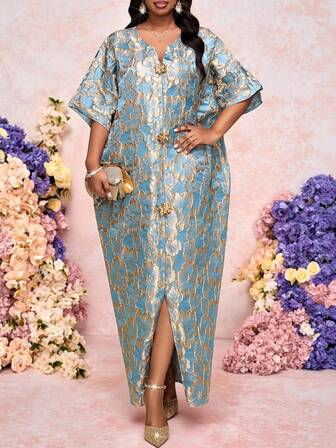 Fleurora Spring And Summer Elegant Modest Party Wedding Valentine's Day  Cocktail Party Concert/Music Festival Colorful Blue Sparkly Woven Jacquard Notched Ball Gown Split Batwing Sleeve Gold Button Tunic Dress Long Short Sleeve Plus Size Dresses Sparkly Dress Elegant Dresses For Women Elegant Dresses Elegant Dresses For Ladies Birthday Dress Birthday Outfit For Women Birthday Dress For Women Wedding Party Dress  Weddings & Events Party Dress Elegant Party Dress Carnival Costume Spring Outfit Women Plus Size Notched Neck Metal Decor Elegant Dress