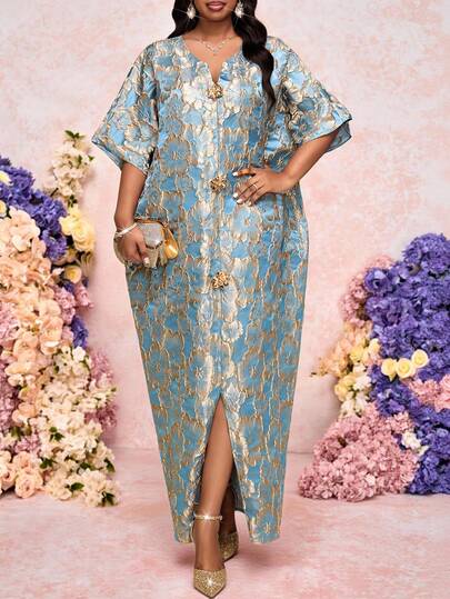 Fleurora Spring And Summer Elegant Modest Party Wedding Valentine's Day  Cocktail Party Concert/Music Festival Colorful Blue Sparkly Woven Jacquard Notched Ball Gown Split Batwing Sleeve Gold Button Tunic Dress Long Short Sleeve Plus Size Dresses Sparkly Dress Elegant Dresses For Women Elegant Dresses Elegant Dresses For Ladies Birthday Dress Birthday Outfit For Women Birthday Dress For Women Wedding Party Dress  Weddings & Events Party Dress Elegant Party Dress Carnival Costume Spring Outfit Women Plus Size Notched Neck Metal Decor Elegant Dress