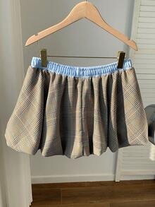 Comfortcana Women's Casual Commuting Collegiate Style Contrast Color Elastic Waist Plaid Print Bubble Skirt, Summer - Multicolor - View 2