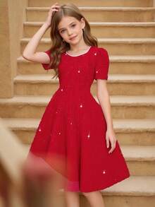 Rochie elegantă din șifon, cu paiete, roșie, cu mânecă scurtă, pentru fete, potrivită pentru petreceri, zile de naștere, Crăciun, versatilă pentru diverse ocazii, primăvară/vară - Burgundia - Vizualizare 3