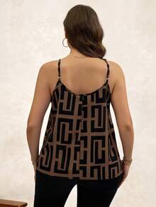 Chikora Plus Size Women Geometric Print Casual Pleated Camisole, Going Out Tops - Brown - View 2