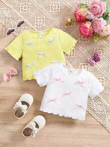SHEIN LMoss Kids 2pcs/Set Baby Girl Cute Bow Knit Short Sleeve Top, Versatile Summer For Cute Tops Baby Tops Baby Tees Baby Doll Shirts Baby T Shirts - White - View 9