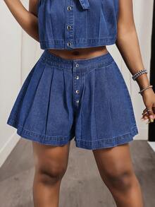 Slaydiva 女士夏季休闲度假通勤纽扣褶皱宽松牛仔短裤