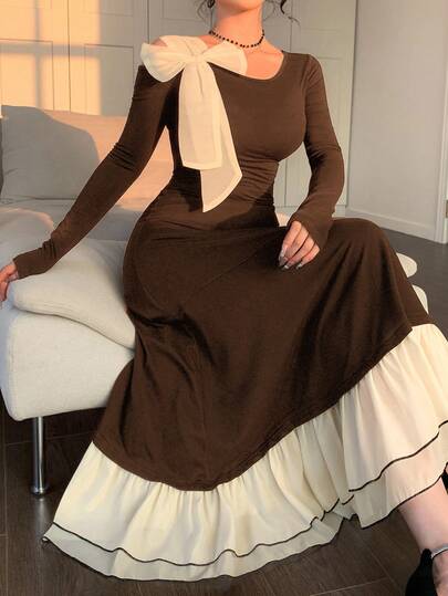 Wynsel فستان طويل أنيق مناسب للمرأة مع تباين اللون، كشف الكتف، تفاصيل ربطة فيونكة