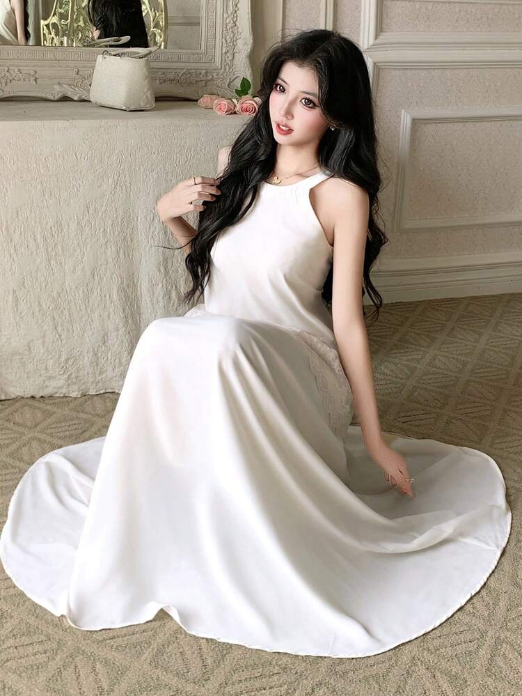 Women's Round Neck Sleeveless Lace Patchwork Cinched Waist Waist Pullover Blouse And Long Skirt Elegant 2-Piece Set