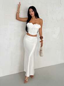 SHEIN PETITE Romantic Sexy Ruffle Trim Fitted Tube Top, Suitable For Holiday, Date Night, Valentine's Day, Afternoon Tea - White - View 5