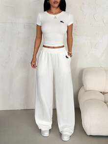 SHEIN PETITE 2pcs/Set Women Embroidery Knit Fitted Home Outfit, Summer White - White - View 10