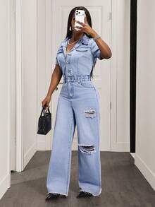 Slaydiva Women's Casual Everyday Commute Fashion Ripped Waist Denim Jumpsuit, Spring/Summer/Autumn - Blue - View 7