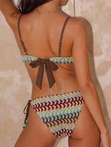 Swim Vcay Conjunto de traje de baño de 2 piezas para mujer, elegante y minimalista para vacaciones, con escote halter, parches y cuentas, color aleatorio, ropa de playa para damas - Multicolor - Ver 2