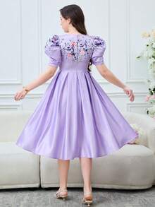 SHEIN Đầm xếp ly tay lửng màu tím thanh lịch dành cho thiếu nữ, chất liệu dệt jacquard, họa tiết hoa, thích hợp cho tiệc tối và mùa cưới. - Màu tím - Xem 2