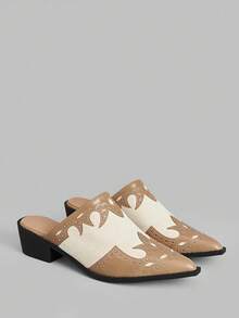 Ontre Women's Pointed Toe Contrast Color Fashion Versatile High Heel Mules - Khaki - View 2