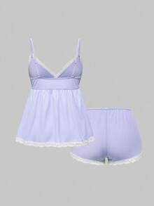 ROMWE Ribbed Lace Camisole & Shorts Casual Pajama Set - Mauve Purple - View 2