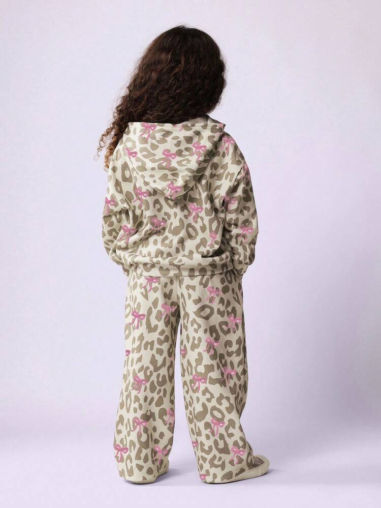 Leopard Print Hoodie And Jogger Set With Bow Details