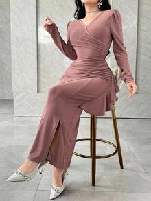 Feyla 大码女式V领长袖褶皱亮面修身优雅连衣裙 - 藕粉色 - 查看 5