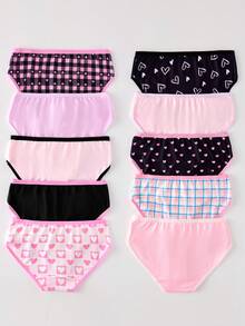 10pcs Girls' Heart & Plaid Graphic Allover Print Cute Cartoon Panties Set - Multicolor - View 3