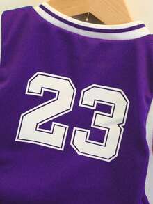 SHEIN Genkimix Kids Seragam Basket Anak Laki-Laki: Tank Top dan Celana Pendek Bermuda dengan Kerah Bulat dan Motif Grafis untuk Anak-Anak - Purple - View 5
