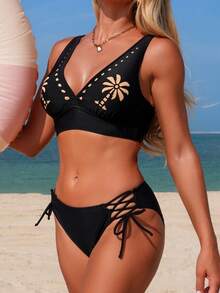 Swim Lushoire 女士椰树印花V领上衣搭配纯黑色侧系带泳裤两件式泳衣，休闲海滩度假夏季 - 黑色 - 查看 3