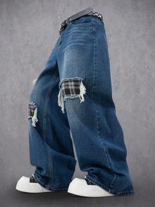 Manfinity LEGND Retro American Plaid Patchwork Loose Fit Distressed Wide Leg Jeans - Blue - View 1