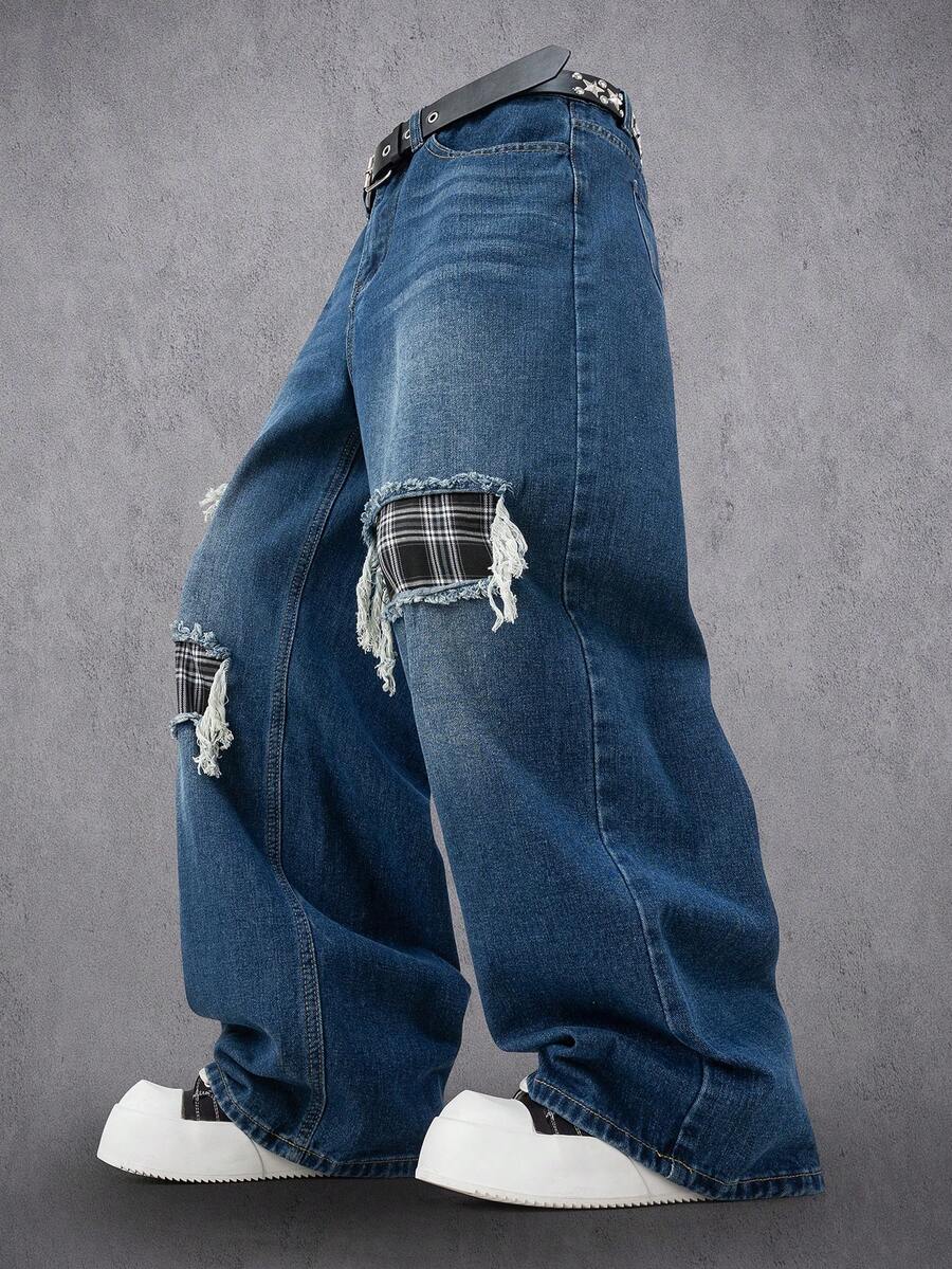 Manfinity LEGND Retro American Plaid Patchwork Loose Fit Distressed Wide Leg Jeans - Blue - View 1