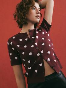 Poéselle Wine Red Heart Print Knit Cardigan - Short Sleeve Button Up Sweater For Cute And Sweet Outfits,Women's Casual Commuting Heart Knitted Short Sleeve Cardigan,Heart,Valentine's Day,Valentines,Red,Burgundy,Party - Coffee Brown - View 8